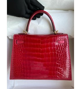 ケリーの光沢ワニワニCk53明るいレッドゴールドハードウェアGHW25cm完全に手作り