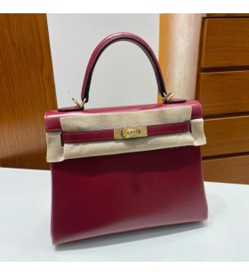 ケリーボックスワインレッドゴールドハードウェアGHW25cm完全に手作り