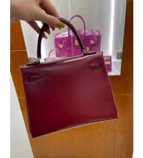 ケリーボックスワインレッドゴールドハードウェアGHW25cm完全に手作り