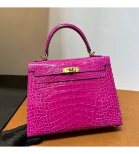 ケリーの光沢ワニワニJ5深いローズピンクゴールドハードウェア25cm完全に手作りGhw