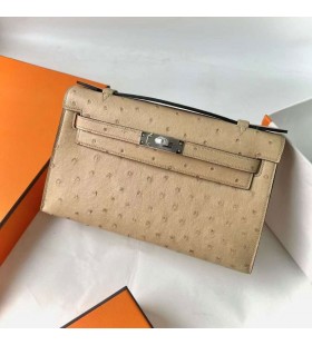 Kelly Pochette Ostrich S2 Light Khaki Silver Hardware 22cm Full Handmade Phw
