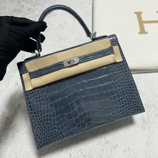 Kelly skinnende alligator N7 Mørk blå Sølv Maskinvare Phw 25 cm Full Håndlaget