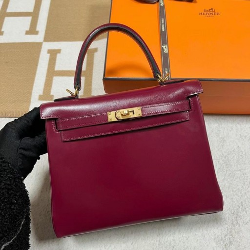 Kelly Boxcalf 58 Burgund Gull Hardware Ghw 25 cm Full Håndlaget