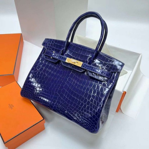 Birkin Skinnende Nilo Krokodille 7T Deep Blue Gold Hardware Ghw 30cm Full Håndlaget