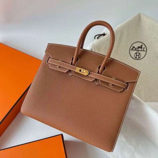 Birkin Sellier Togo Ck37 Gylden Brun Hvit linje Gull Hardware Ghw 25 cm Full Håndlaget