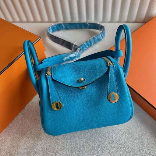 Mini Lindy Clemence 0F Lyse Blå Gull Hardware 19cm Full Håndlaget Ghw