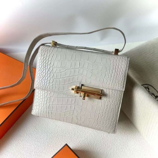 Poser Verrou Matt Alligator Krokodille 8L Krem Hvitt Gull Hardware 21cm Full Håndlaget Ghw