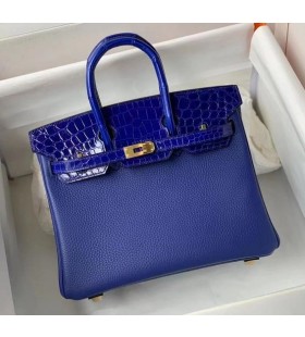 Birkin Touch Togo & skinnende Blå krokodille Gull Hardware 25 cm Full Håndlaget