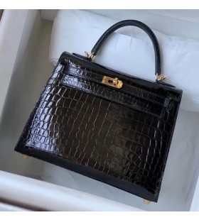 Kelly Alligator Skinnende Svart Gull Hardware 25 cm Full HÃ¥ndlaget
