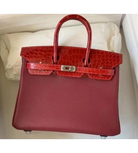 Birkin Togo og glansfullt krokodille Bordeaux rød og rød Sliver Maskinvare 25 cm Full Håndlaget