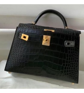Mini Kelly Alligator Matt Sort Gull Hardware 19cm Full HÃ¥ndlaget