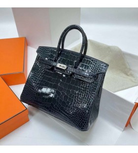 Birkin skinnende alligator krokodille ck76 Dyp BlÃ¥ SÃ¸lv Maskinvare Phw 25 cm Full HÃ¥ndlaget