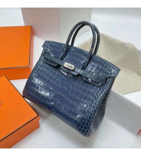 Birkin Skinnende Porosus Krokodille N7 Mørk Blå Sølv Maskinvare Phw 25 cm Full Håndlaget