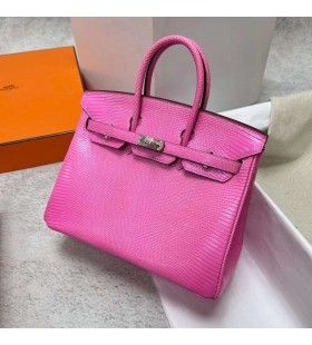 Birkin Lizard Skinn Barbie Rosa Sølv Maskinvare Phw 25 cm Full Håndlaget