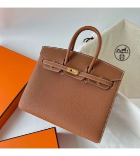 Birkin Sellier Togo Ck37 Gylden Brun Hvit linje Gull Hardware Ghw 25 cm Full HÃ¥ndlaget