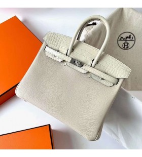 Birkin Touch Togo og Matt Alligator krokodille Ck10 8L Kremet Hvit Sølv Maskinvare Phw 25 cm Full Håndlaget