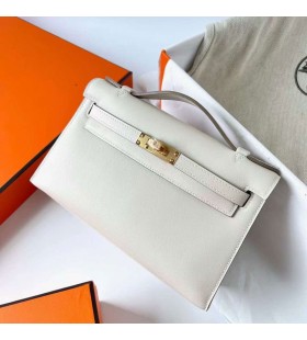 Mini Kelly Pochette Swift Ck10 Kremet Hvitt Gull Hardware Ghw 22cm Full Håndlaget