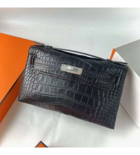 Kelly Pochette Matt Alligator Ck89 Svart SÃ¸lv Maskinvare 22cm Full HÃ¥ndlaget Phw