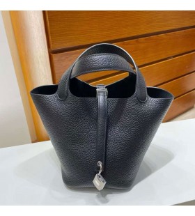 Picotin Clemence TC Skinn CK89 Svart Sølv Maskinvare 18cm Full Håndlaget