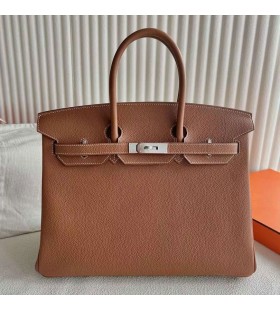 Birkin poser Togo Ck37 Golden Brown Silver Hardware 35 cm Full HÃ¥ndlaget Phw