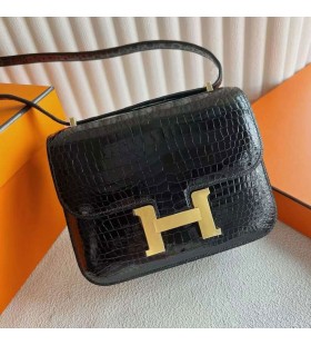 Constance Skinnende Alligator krokodille Ck89 Black Gold Hardware 18cm Full HÃ¥ndlaget Ghw