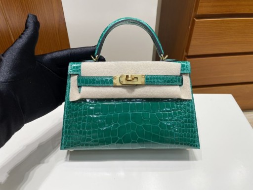 Mini kelly Aligator genialny 6Q jadeitowa zieleń Złote Okucia GHW 19 cm Pełna Ręczna Robota