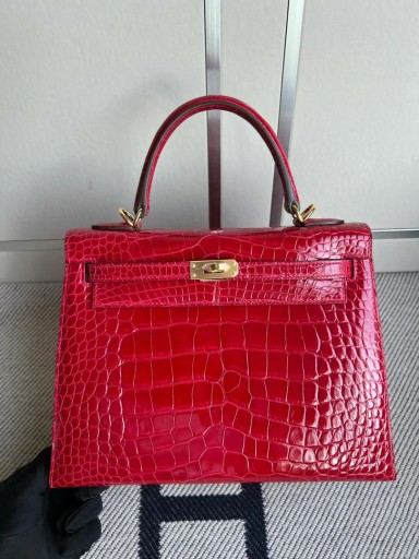 Kelly genialny aligator krokodyl Ck53 Jasno-czerwona Złote Okucia GHW 25 cm Całkowicie Ręcznie