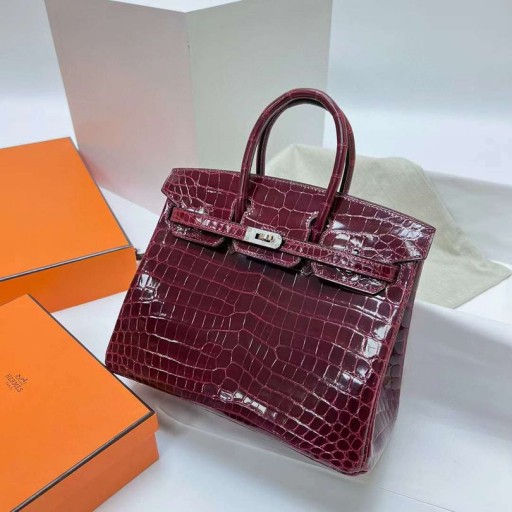 Birkin Genialny Krokodyl Nilo Ck57 Bordeaux czerwony, Srebrne Okucia Phw 25 cm Pełna Ręczna Robota