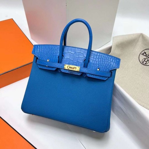 Okucia Birkin Touch Togo i Matowy Krokodyl z Krokodylej skóry Niebieskiego Złota 25 cm Całkowicie Ręcznie