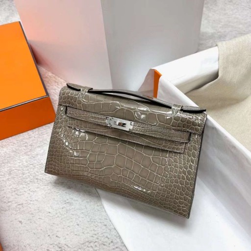 Mini Kelly Pochette Genialny Aligator krokodyl Ck81 Griss Srebrne Okucia Phw 22 cm Całkowicie Ręcznie