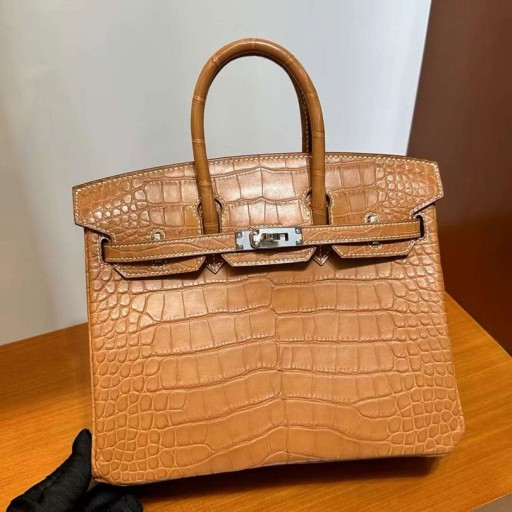 Birkin Matowy Aligator krokodyl Ck37 Złoto-Brązowa Srebrna Okucia 25 cm Całkowicie Ręcznie Phw