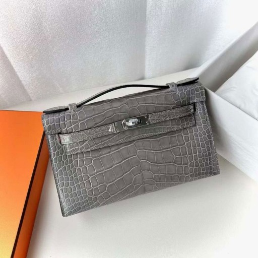 Mini Kelly Почетт Matowy Aligator krokodyl 0V Kryształ szary Srebrny Okucia 22 cm Pełna Ręczna Robota Phw