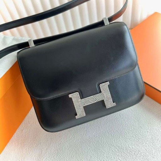 Constance Box Ck89 Czarna Klamra W postaci Jaszczurki Srebrne Okucia 24 cm Pełna Ręczna Robota Phw