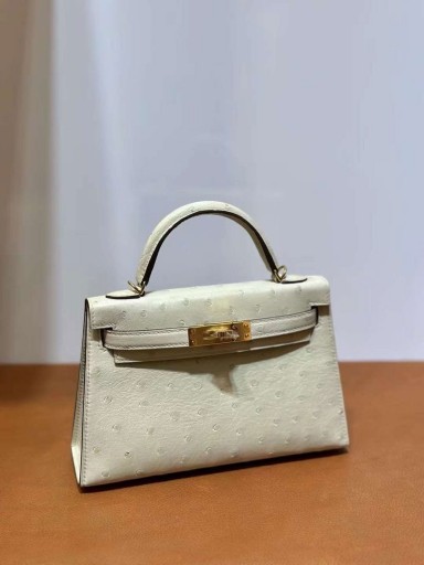 Mini Kelly Strusiu Wełna 3C Okucia z białego Złota, 19 cm Całkowicie Ręcznie Ghw