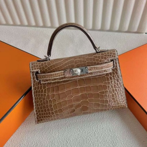 Mini Kelly Genialny Aligator Krokodyl Ck17 Tytoń brązowy, Srebrne Okucia 19 cm Pełna Ręczna Robota Phw