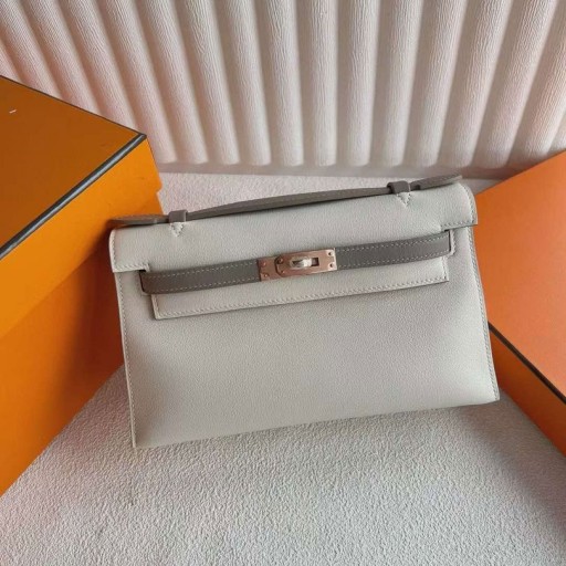 Mini Kelly Pochette Swift Ck10 Cream White & M8 Grey Rose Gold Hardware 22cm Full Handmade Rghw