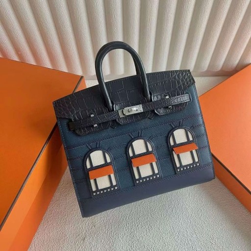 Birkin little house Limited Granatowa Srebrne Okucia 20 cm Ręcznie Phw
