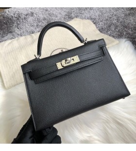 Mini Kelly ' ll Epsom ck89 Czarna, Srebrne Okucia PHW 19 cm CaÅ‚kowicie RÄ™cznie