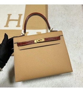 Okucia Kelly Touch z języka angielskiego i genialny krokodyla w kolorze ciemnego khaki i Brązu Złota 25 cm Całkowicie Ręcznie