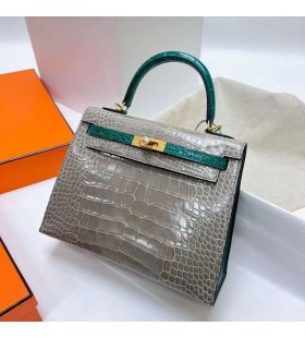 Kelly Genialny aligator Krokodyl ck81 Griss & 6Q jadeitowa zieleÅ ZÅote Okucia mghw 25 cm CaÅkowicie RÄcznie