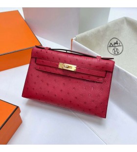 Mini Kelly Pochette Strusiu Okucia Ck53 z Jasno-Czerwonego Złota Ghw 22 cm Całkowicie Ręcznie
