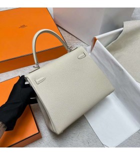 Kelly Togo Ck10 Kremowo-Białe Srebrne Okucia Phw 25 cm Całkowicie Ręcznie