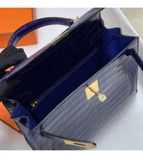 Kelly Shiny Nilo Crocodile 7T Bright Blue Gold Hardware Ghw 28cm Full Handmade
