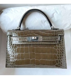 Mini Kelly Genialny Aligator Krokodyl G8 Ciemno-Oliwkowo-zielona Srebrne Okucia Phw 19 cm CaÅ‚kowicie RÄ™cznie