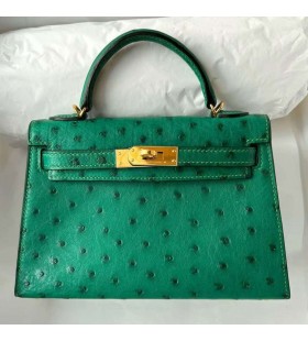 Mini Kelly kk Ostrich U4 Aksamitna Okucia z zielonego ZÅ‚ota Ghw 19 cm CaÅ‚kowicie RÄ™cznie