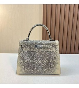 Jaszczurka Kelly Naturalny kolor Srebrny Okucia 25 cm PeÅna RÄczna Robota Phw
