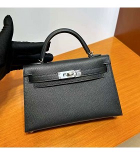 Torby mini Kelly Epsom Ck89 Czarna, Srebrne Okucia 19cm CaÅkowicie RÄcznie Phw