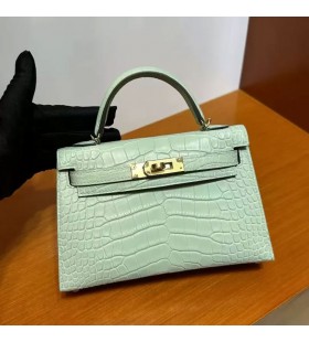 Mini Kelly Matowy Aligator 6U Nowe Okucie z miÄ™ta zielonego ZÅ‚ota, 19 cm CaÅ‚kowicie RÄ™cznie Ghw