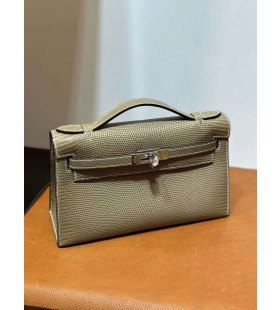 Kelly Pochette Lizard Ck17 Linolowy szaro-Srebrne Okucia 22 cm PeÅna RÄczna Robota Phw