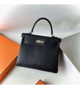 Torebki Kelly Matte Lizard Ck89 Czarna, Srebrne Okucia 25cm Pełna Ręczna Robota Phw